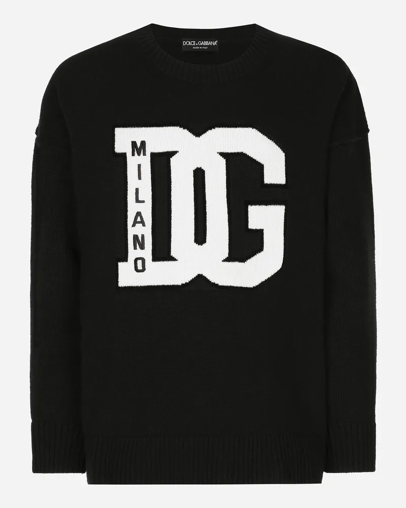 Dolce & Gabbana Rundhalspullover Aus Wolle Mit Dg-intarsienmotiv - Mann Strickwaren Schwarz Schwarz