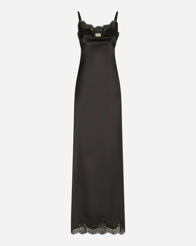 Dolce & Gabbana Langes Slip Dress Aus Satin Mit -plakette - Frau Kleider Schwarz Seide Schwarz
