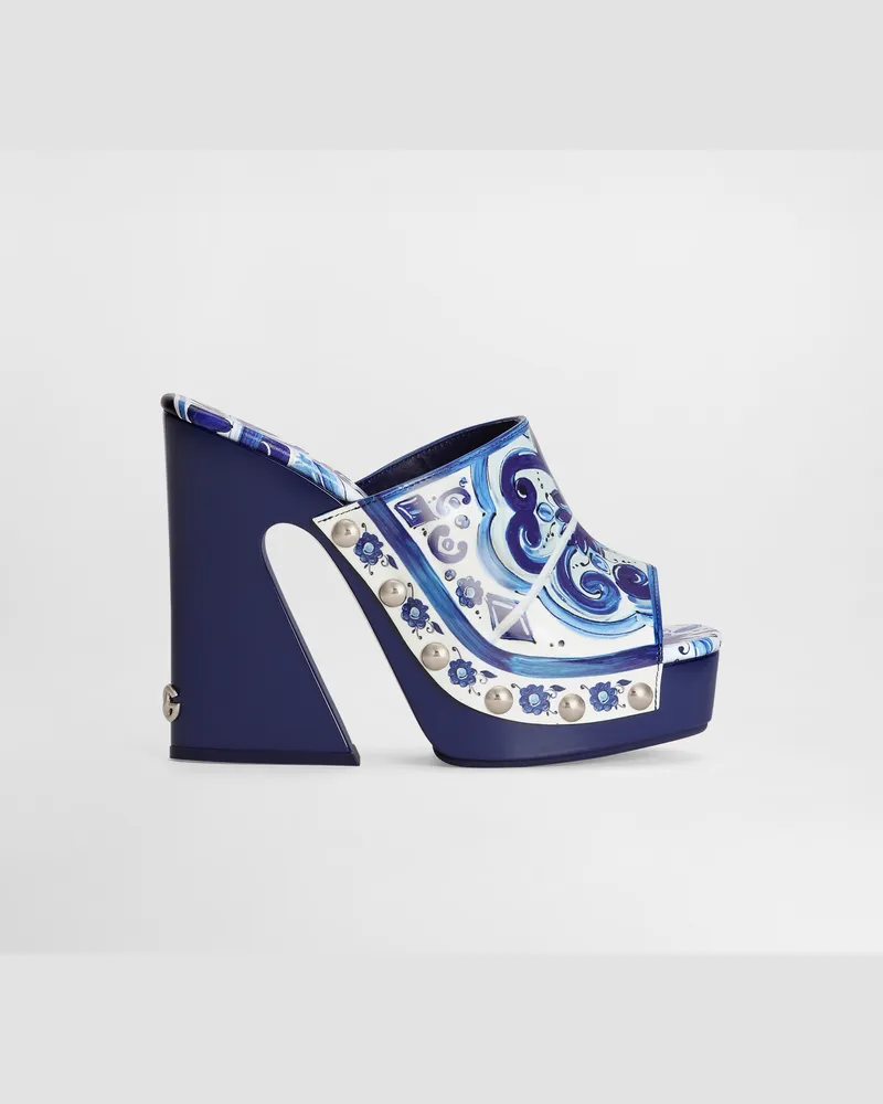 Dolce & Gabbana Clog Aus Glänzendem Kalbsleder Majolika-print - Frau Sandalen Und Wedges Mehrfarbig Leder Mehrfarbig