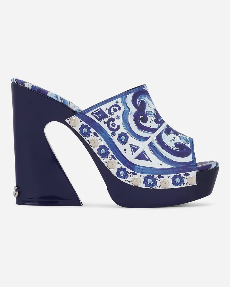 Dolce & Gabbana Clog Aus Glänzendem Kalbsleder Majolika-print - Frau Sandalen Und Wedges Mehrfarbig Leder Mehrfarbig