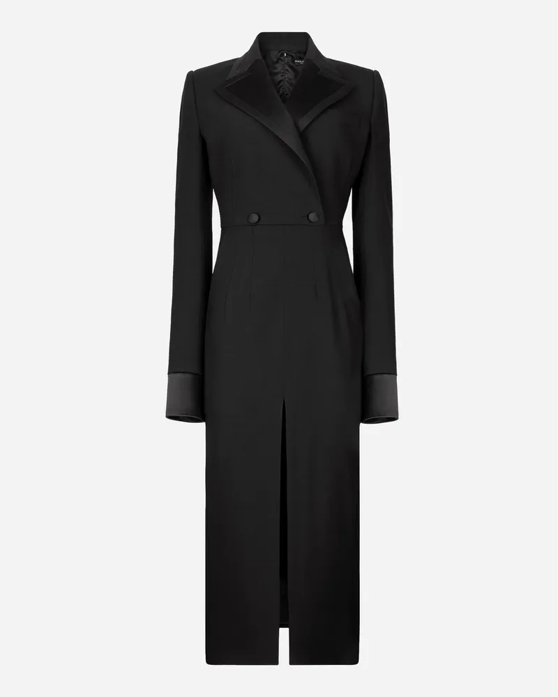 Dolce & Gabbana Longuette-mantelkleid Aus Wolle In Leinwandbindung - Frau Kleider Schwarz Wolle Schwarz