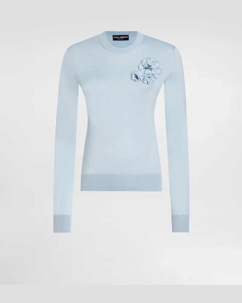 Dolce & Gabbana Pullover Aus Seide Mit Blumenbrosche - Frau Strickwaren Hellblau Azurblau