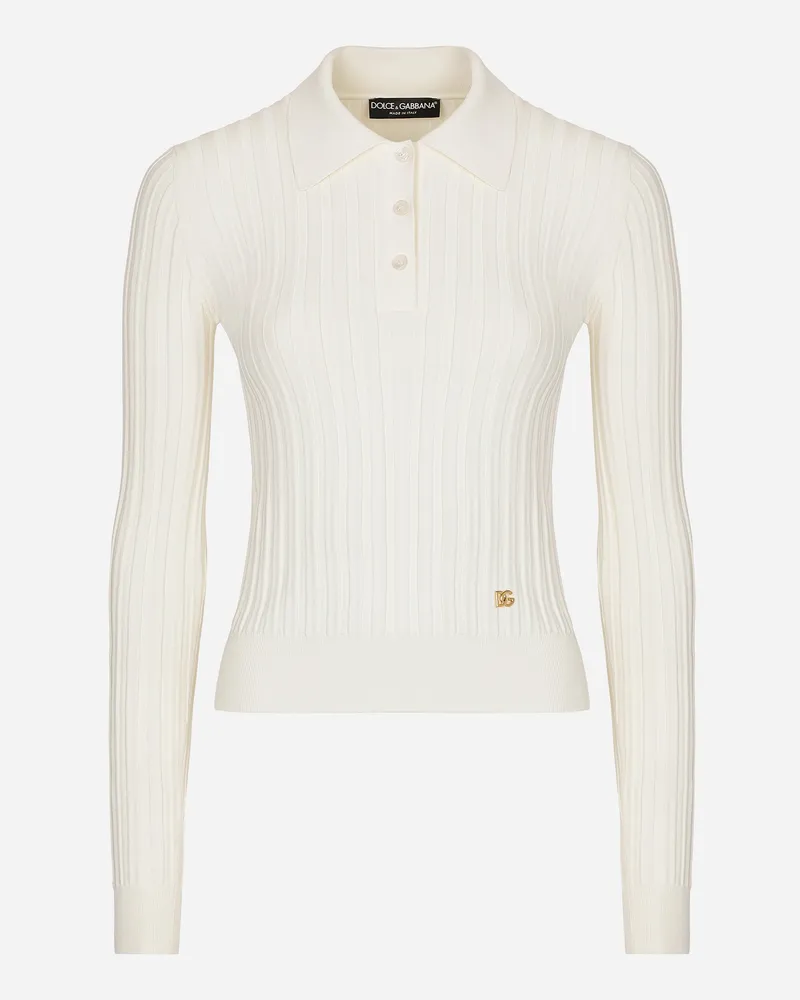 Dolce & Gabbana Cropped-poloshirt Aus Gerippter Viskose Mit Dg-logo - Frau Strickwaren Wei Weiss