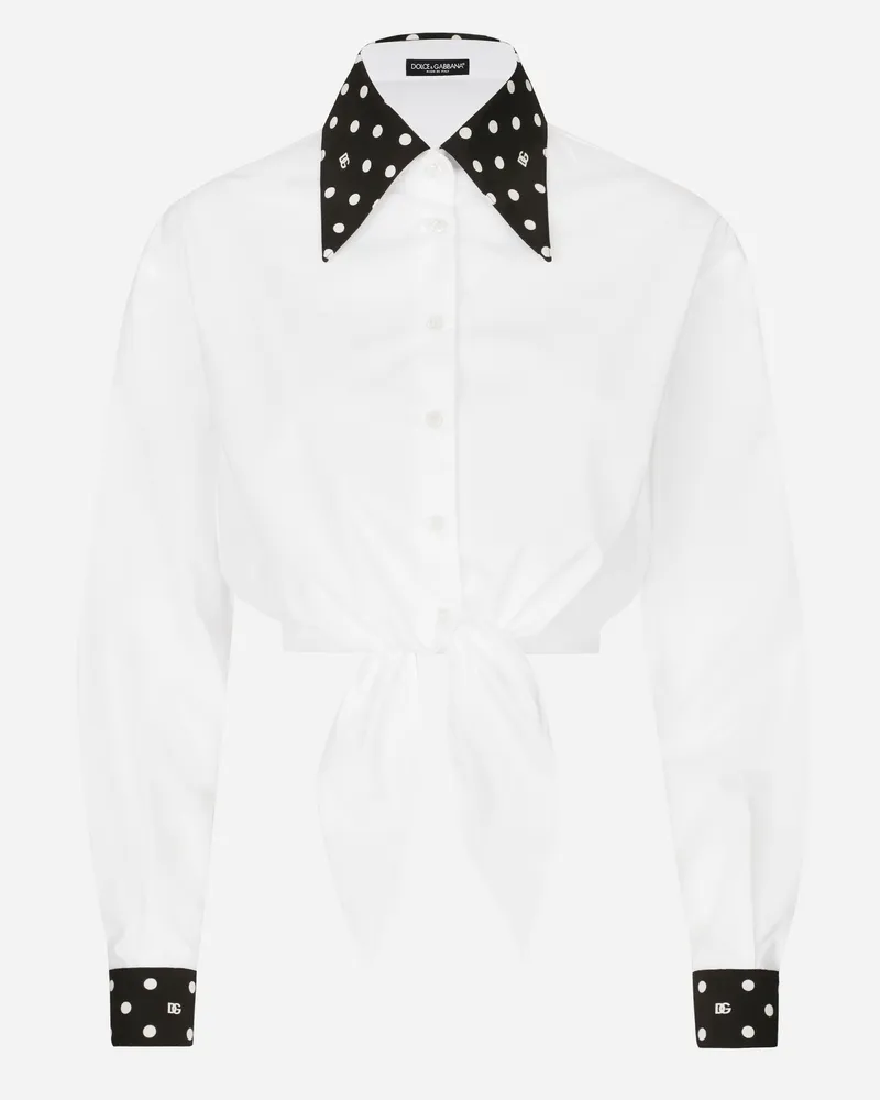 Dolce & Gabbana Cropped-bluse Mit Knoten In Der Taille Aus Baumwolle Punkteprint - Frau Blusen Und Tops Wei Weiss