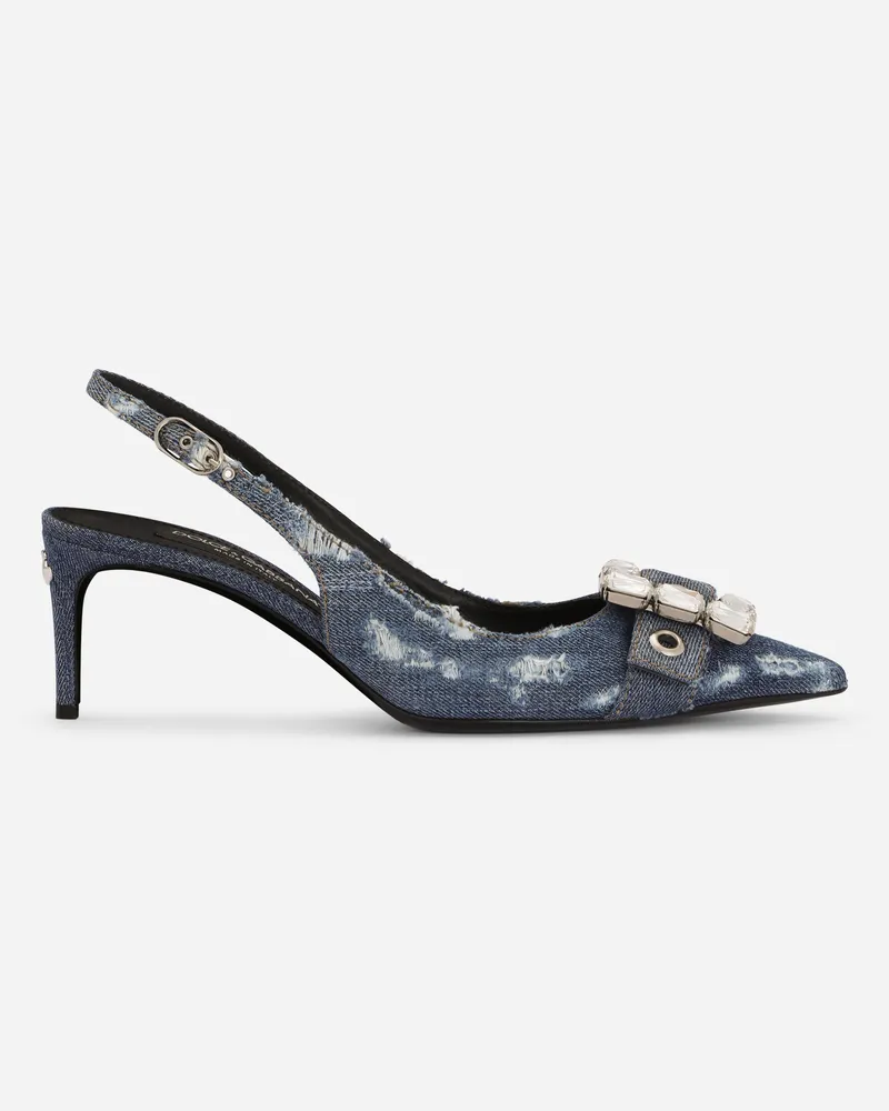 Dolce & Gabbana Slingback Aus Patchwork-denim Mit Strassschnalle - Frau Pumps Und Slingbacks Blau Denim Blau