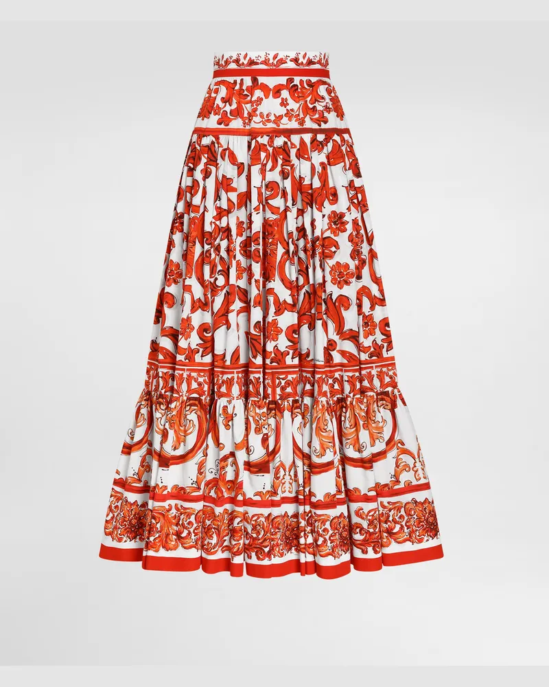 Dolce & Gabbana Langer Rock Aus Popeline Mit Majolika-print - Frau Unterwäsche Mehrfarbig Multicolor