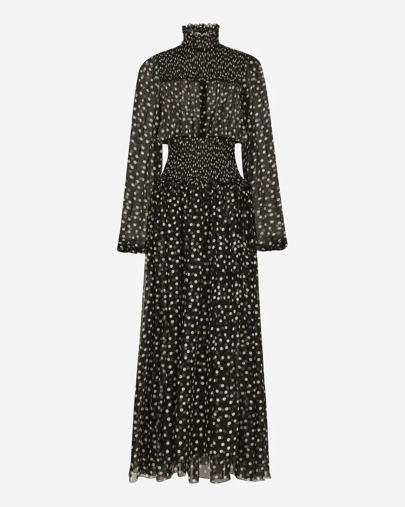 Dolce & Gabbana Gesmoktes Longuette-kleid Aus Chiffon Mit Feinem Punkteprint - Frau Kleider Drucken Drucken