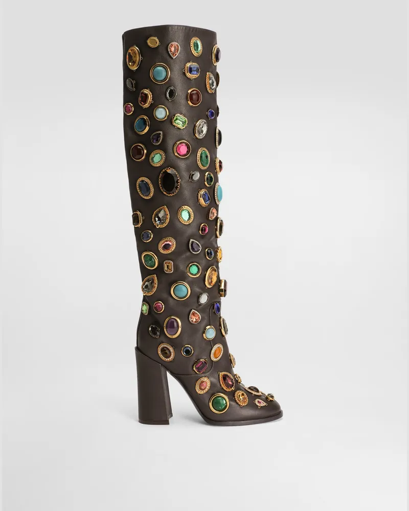 Dolce & Gabbana Stiefel Aus Leder Mit Schmucksteinstickerei - Frau Stiefel Und Siefeletten Mehrfarbig Mehrfarbig