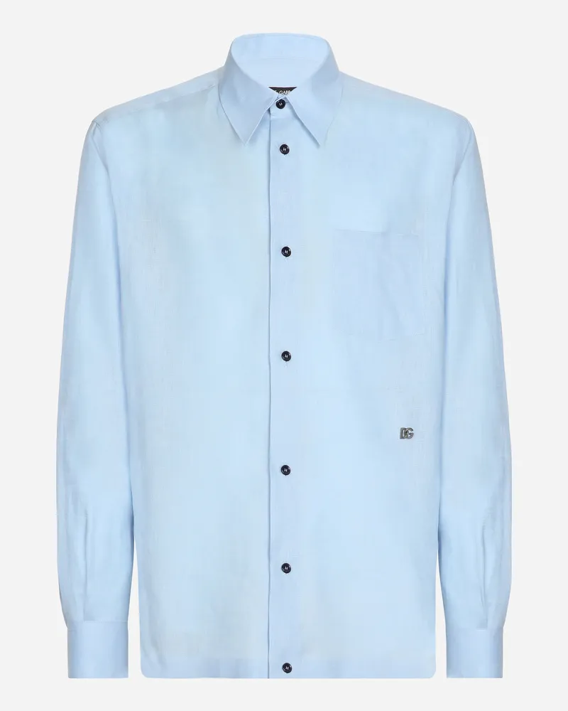 Dolce & Gabbana Hawaiihemd Aus Leinen Mit Dg Hardware - Mann Hemden Hellblau Leinen Azurblau
