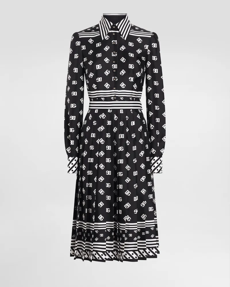 Dolce & Gabbana Longuette-blusenkleid Aus Twill Im Foularddruck Mit Dg-logo Allover - Frau Kleider Schwarz Schwarz