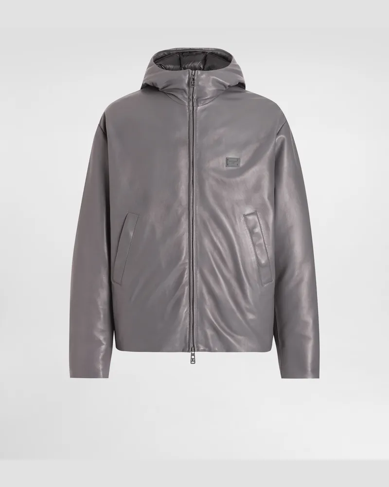 Dolce & Gabbana Wattierte Jacke Aus Leder Mit Kapuze Mit Plakette - Mann Mäntel Und Jacken Grau Grau