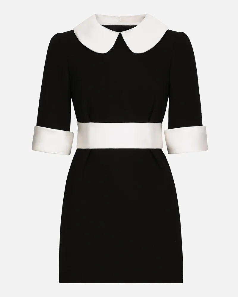 Dolce & Gabbana Kurzes Kleid Aus Wollkrepp Mit Satindetails - Frau Kleider Schwarz Wolle Black
