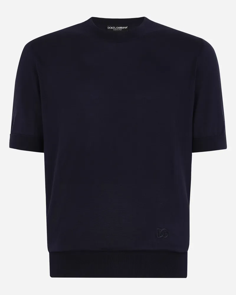 Dolce & Gabbana Rundhalspullover Aus Seide Dg-stickerei - Mann Strickwaren Blau Blau