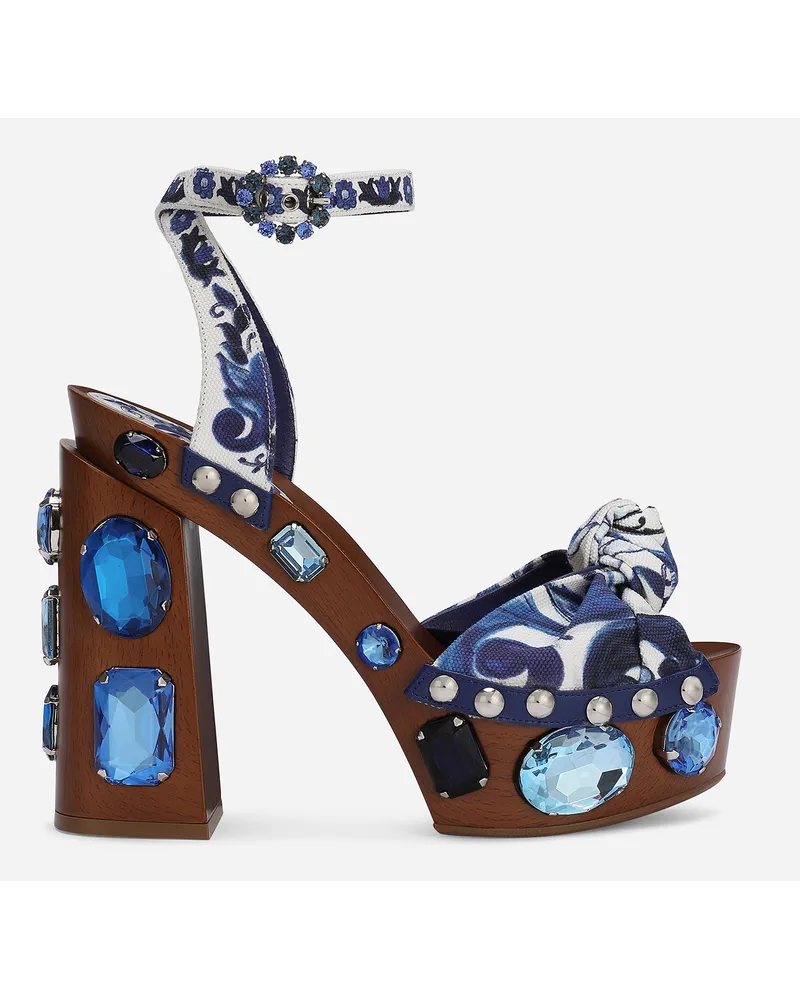 Dolce & Gabbana Keilsandalette aus Canvas Majolika-Print und Schmucksteine Mehrfarbig