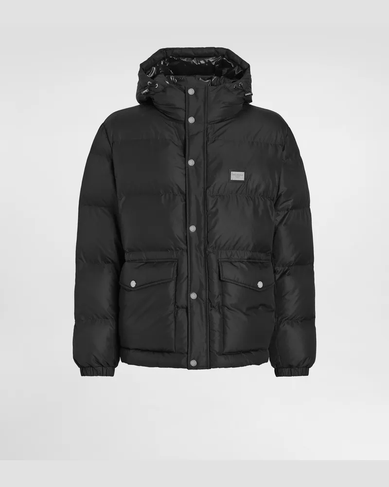 Dolce & Gabbana Nylon-daunenjacke Mit Kapuze Und Logoplakette - Mann Mäntel Und Jacken Schwarz Schwarz