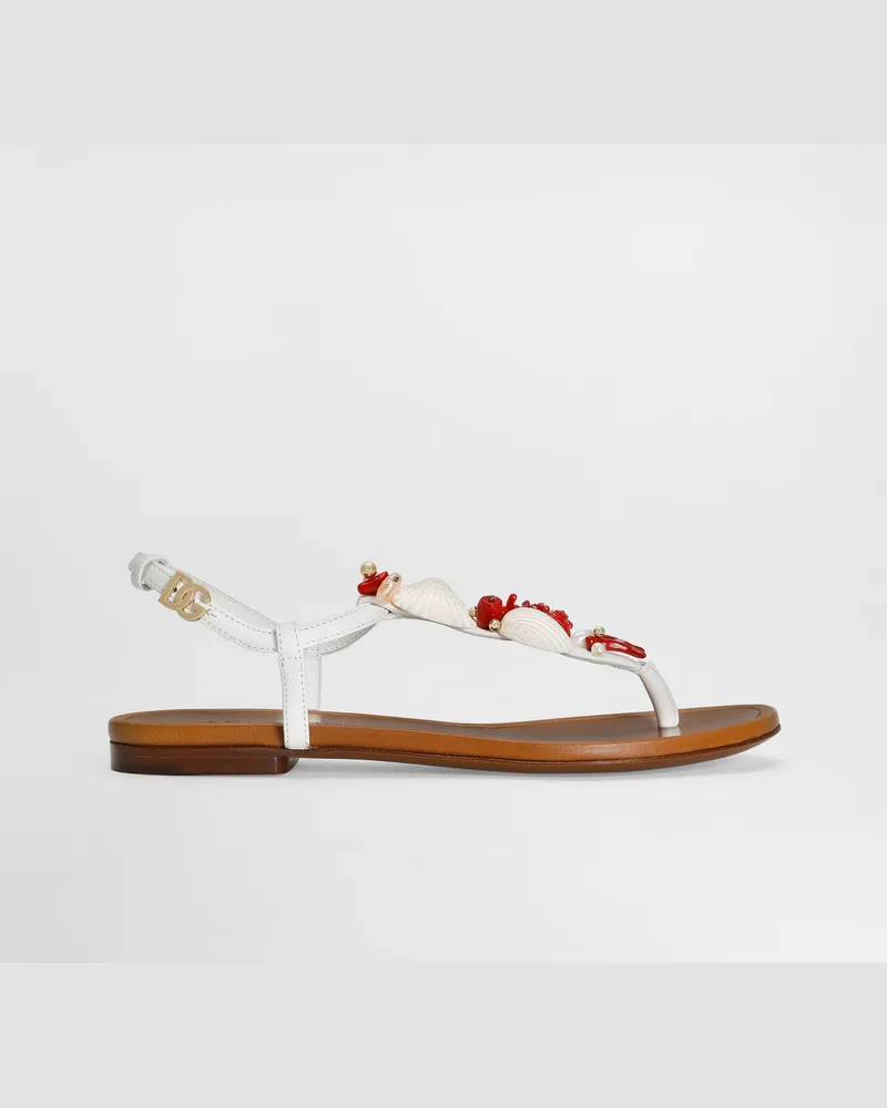 Dolce & Gabbana Zehenstegsandale Aus Nappaleder Mit Korallenstickerei - Frau Flat Weiss Weiss