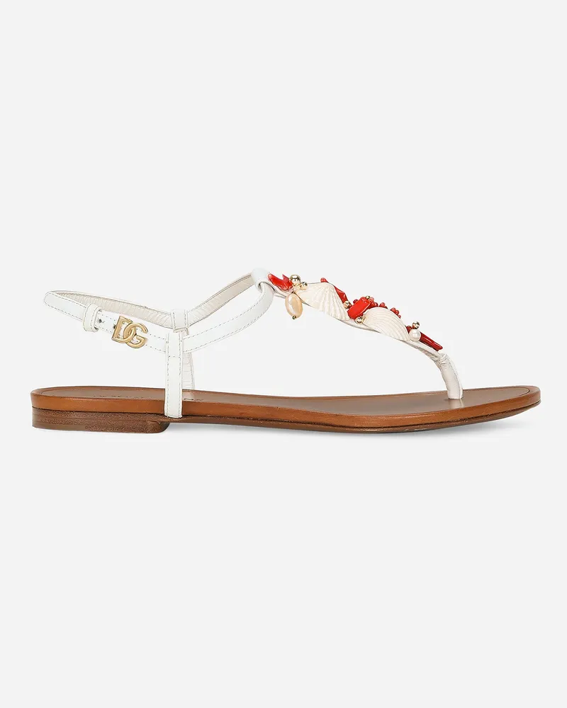 Dolce & Gabbana Zehenstegsandale Aus Nappaleder Mit Korallenstickerei - Frau Flat Weiss Weiss