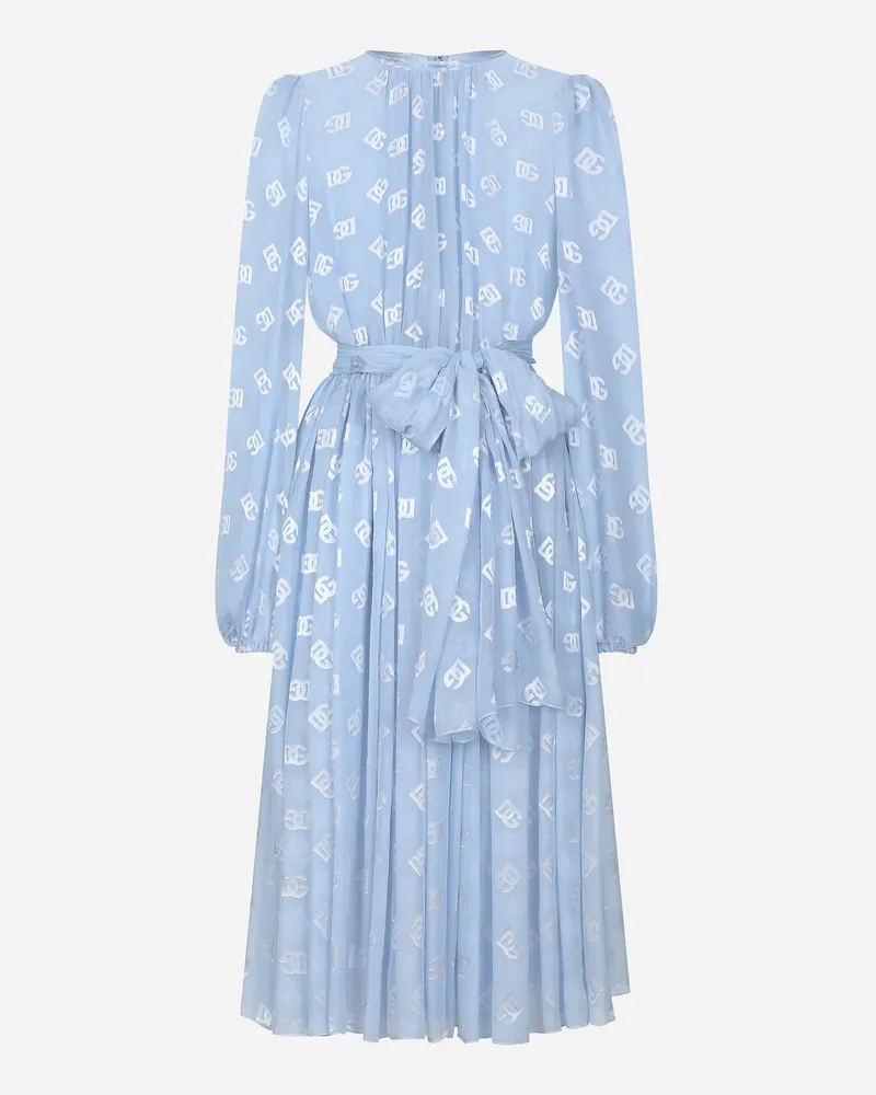 Dolce & Gabbana Longuette-kleid Aus Ausbrenner-seidenjacquard Dg-logo - Frau Kleider Azurblau Azurblau