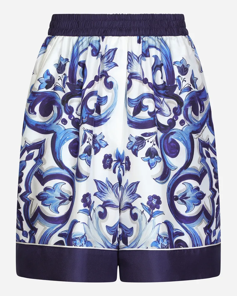 Dolce & Gabbana Pyjamashorts Aus Twill Majolika-print - Frau Hosen Und Shorts Blau Seide Mehrfarbig
