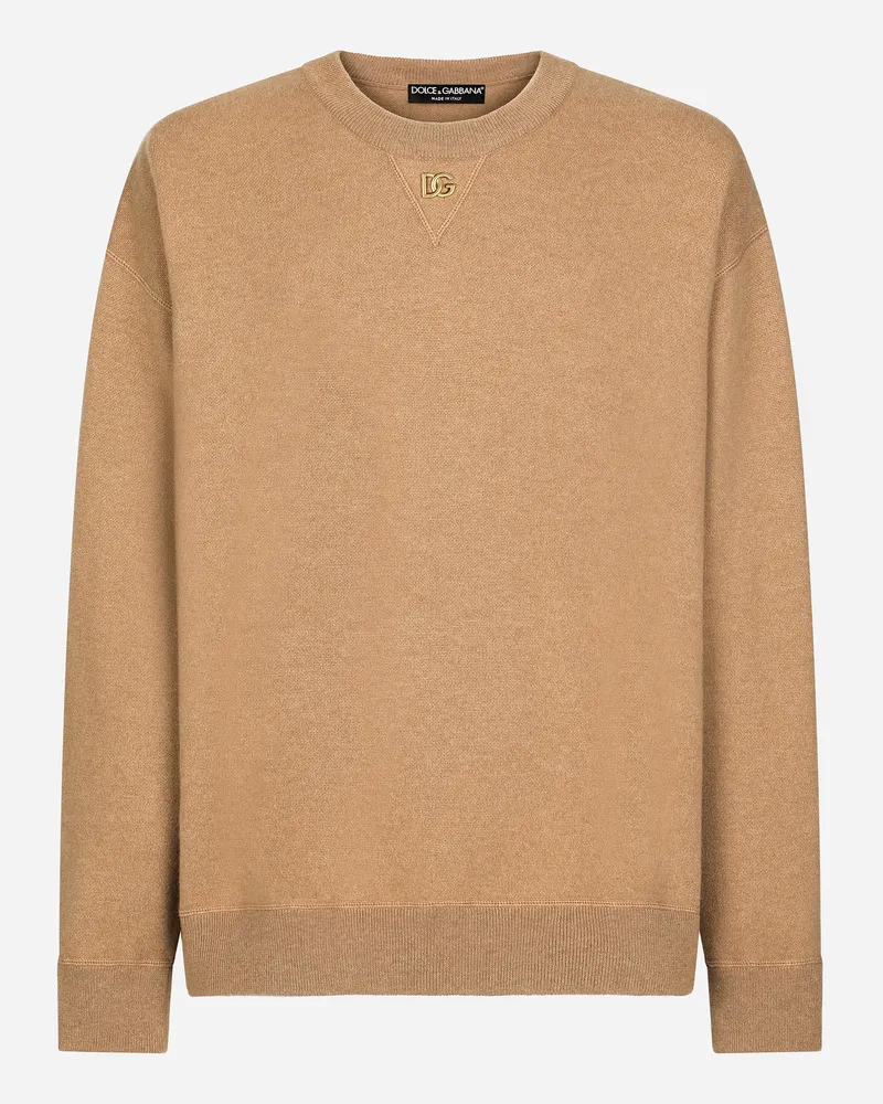 Dolce & Gabbana Rundhalspullover Aus Kaschmir Mit Dg-logo - Mann Strickwaren Beige Beige