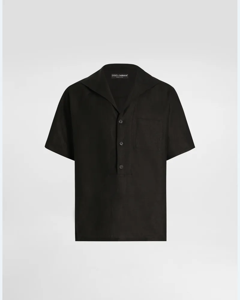 Dolce & Gabbana Kurzarmhemd Mit Drei Knöpfen Aus Leinen - Mann Hemden Schwarz Leinen Schwarz