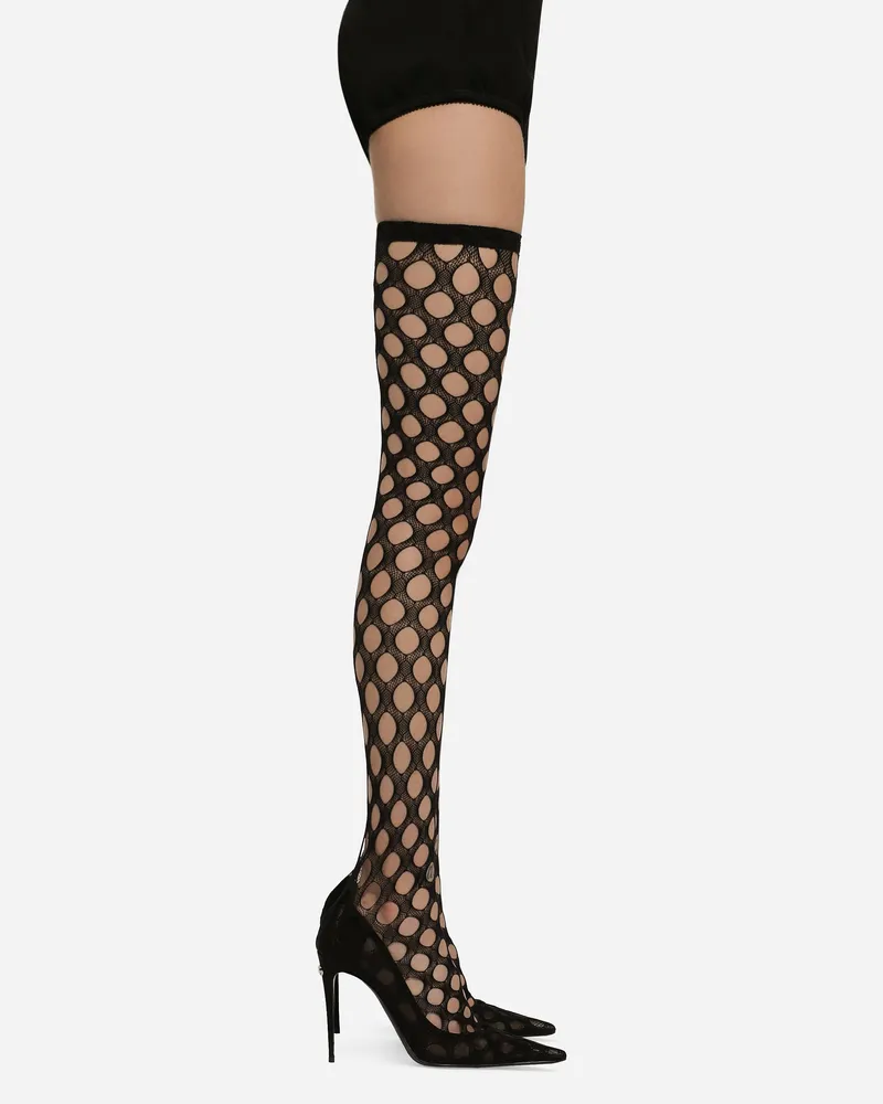 Dolce & Gabbana Overknee-stiefel Aus Elastischem Netzgewebe - Frau Stiefel Und Siefeletten Schwarz Black