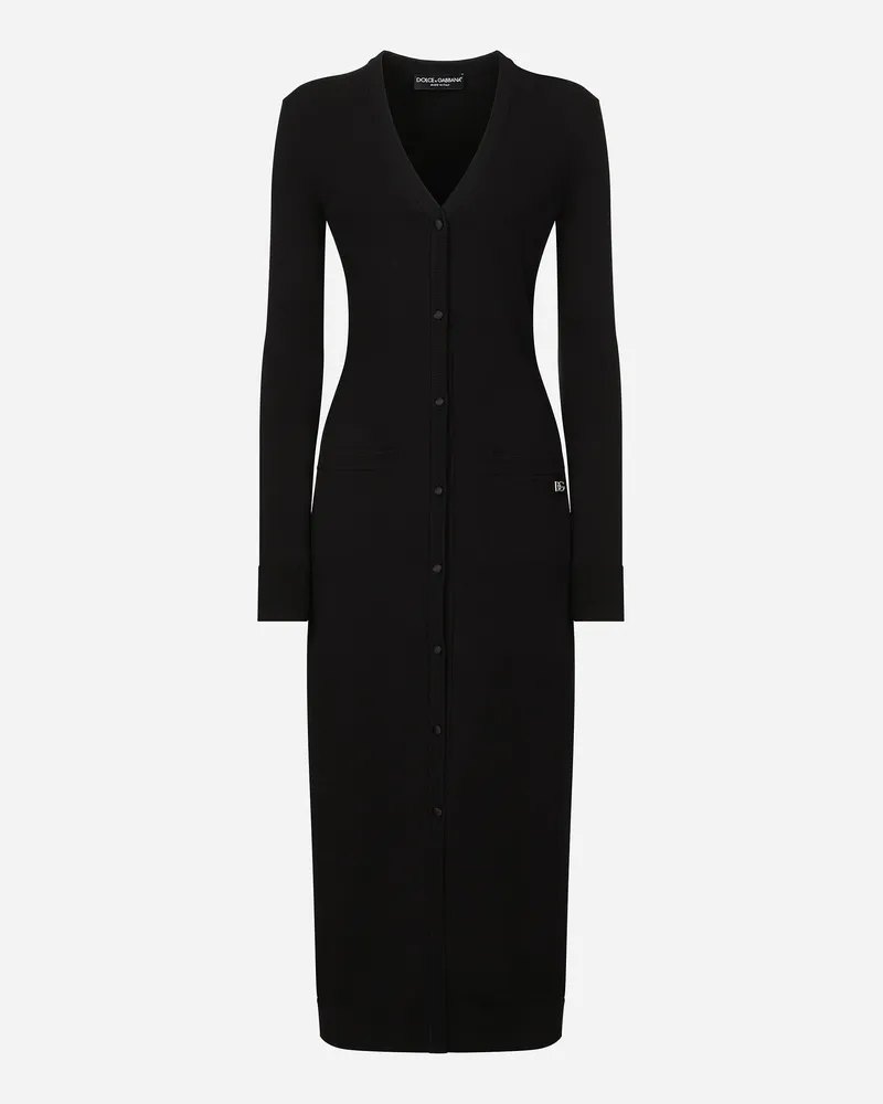 Dolce & Gabbana Langer Strickcardigan Aus Viskose-stretch Mit Dg-logo - Frau Strickwaren Schwarz Schwarz