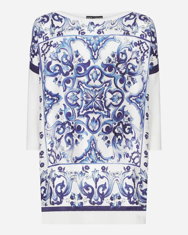Dolce & Gabbana Rundhalspullover Aus Seidentwill Mit Majolika-print - Frau Strickwaren Blau Mehrfarbig