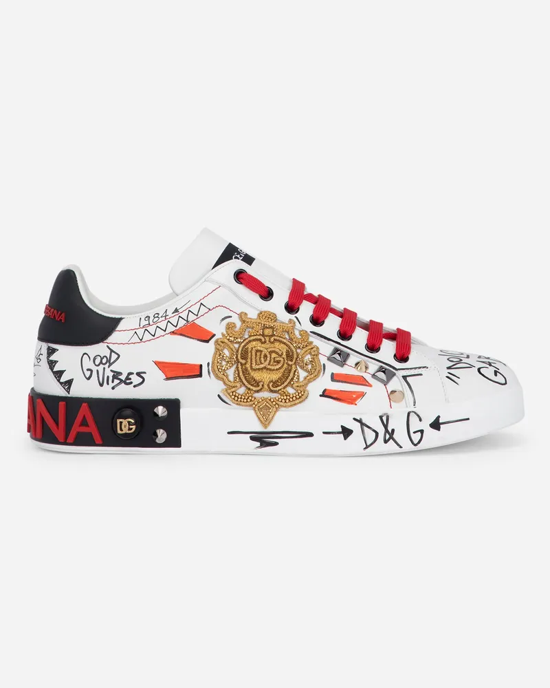 Dolce & Gabbana Calfskin Portofino Sneakers With Embroidery And Studs - Mann Sneakers Wei Mehrfarbig
