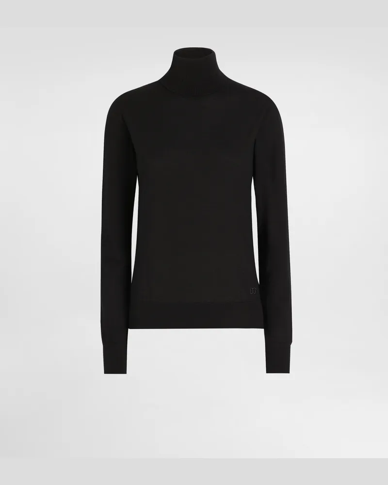 Dolce & Gabbana Rollkragenpullover Aus Wolle Mit Dg-logostickerei - Frau Strickwaren Schwarz Schwarz