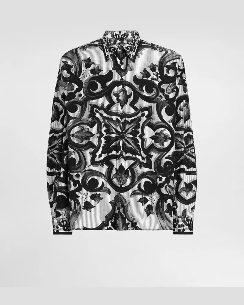 Dolce & Gabbana Oversize-hemd Aus Gestreiftem Popeline Mit Majolika-print - Mann Hemden Mehrfarbig Mehrfarbig