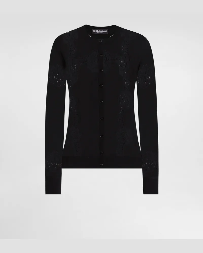 Dolce & Gabbana Cardigan Aus Wolle Mit Spitze - Frau Strickwaren Schwarz Schwarz