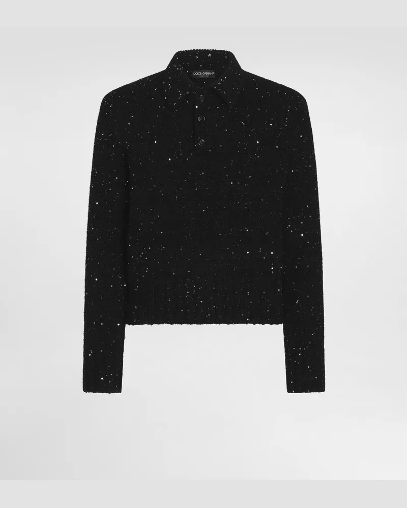 Dolce & Gabbana Polohemd Aus Strick Mit Pailletten - Mann Strickwaren Schwarz Schwarz