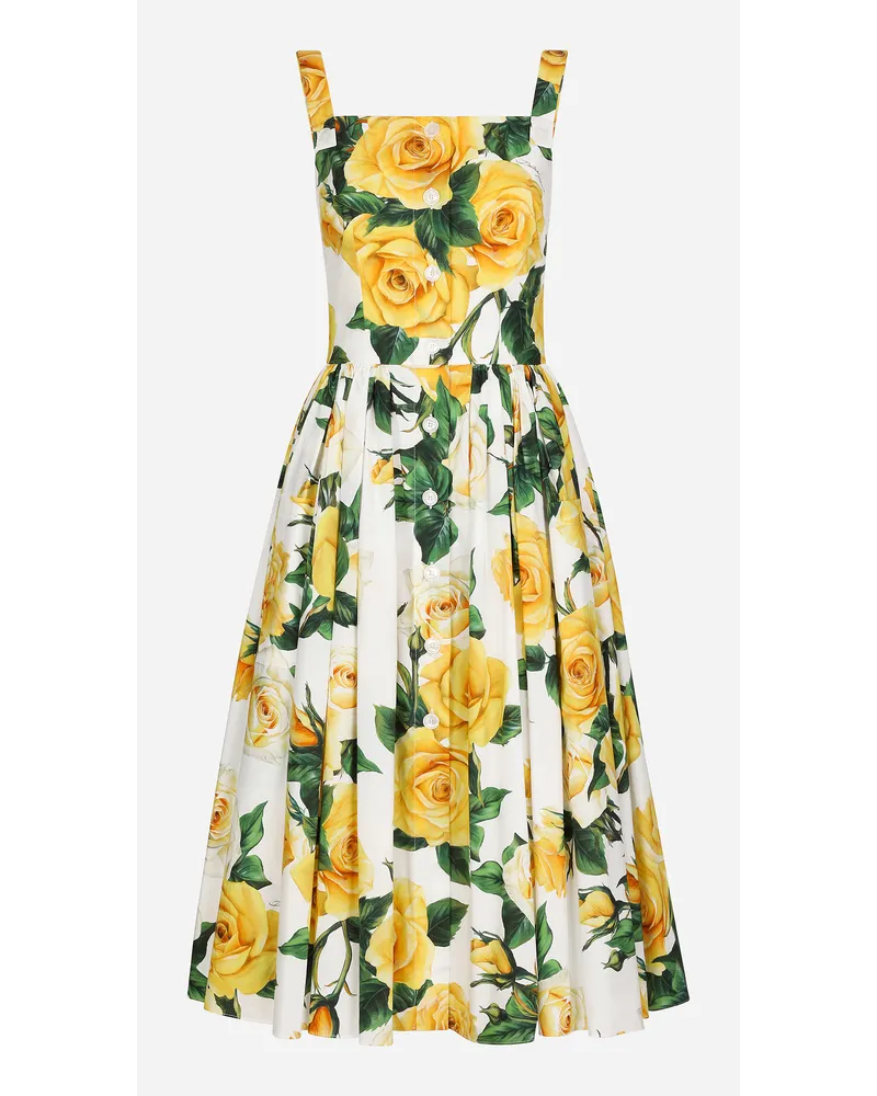 Dolce & Gabbana Trägerkleid aus Baumwolle Gelbe-Rosen-Print Drucken