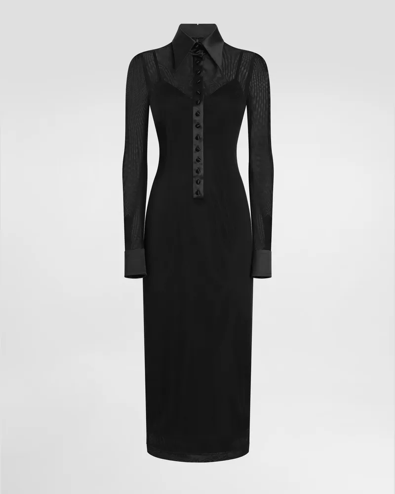 Dolce & Gabbana Hemdblusenkleid Aus Tüll Mit Satindetails - Frau Kleider Schwarz T�ll Schwarz