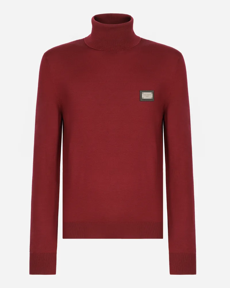 Dolce & Gabbana Rollkragenpullover Wolle Mit Logoplakette - Mann Strickwaren Bordeaux Wolle Burgunderrot