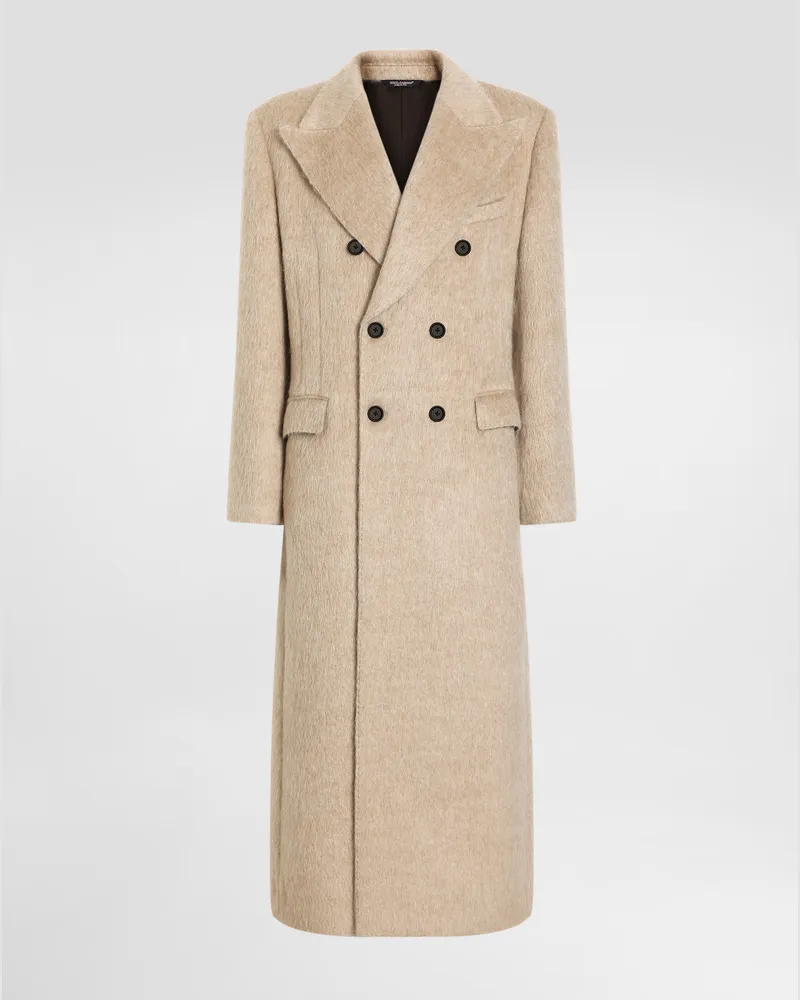 Dolce & Gabbana Long-haired Mohair Blend Double-breasted Coat - Mann Mäntel Und Jacken Beige Multicolor