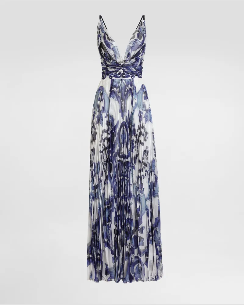 Dolce & Gabbana DG EXCLUSIVE  Kleid Aus Chiffon Mit Majolika-print - Frau Kleider Blau Blau