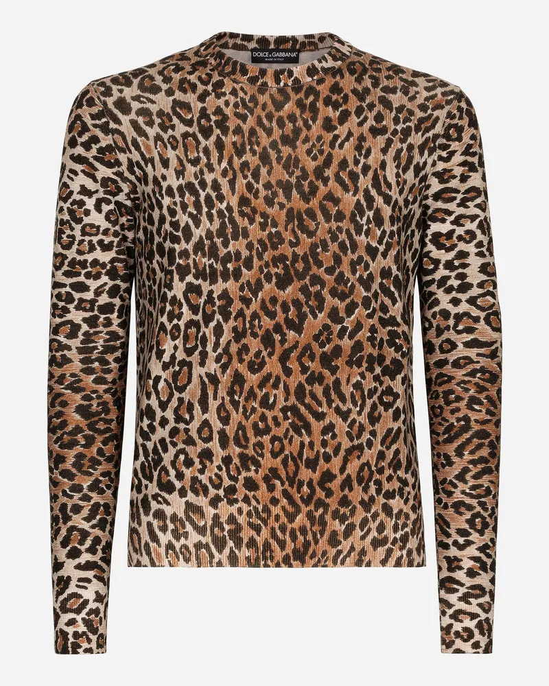 Dolce & Gabbana Rundhalspullover Aus Wolle Leoprint - Mann Strickwaren Animalprint Wolle Animal-print
