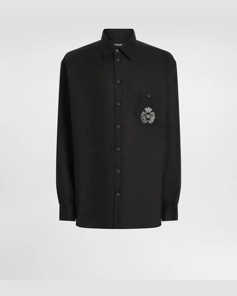 Dolce & Gabbana Leinenhemd Mit Wappenpatch - Mann Hemden Schwarz Leinen Schwarz