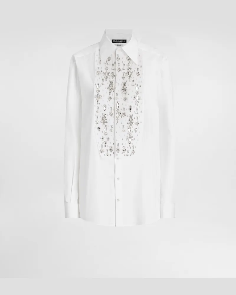 Dolce & Gabbana Smokingbluse Aus Baumwolle Mit Strassbesetztem Plastron - Frau Blusen Und Tops Wei� Baumwolle Weiss