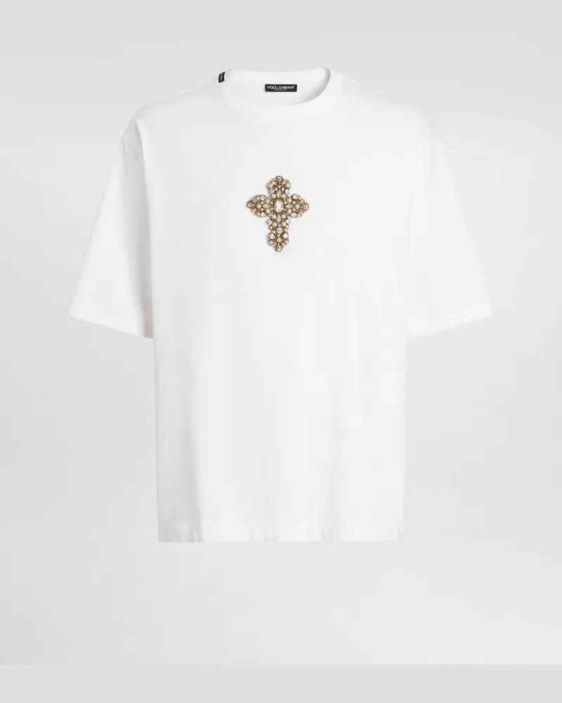 Dolce & Gabbana Baumwoll-t-shirt Mit Schmuck-patch - Mann T-shirts Und Polos Wei Weiss