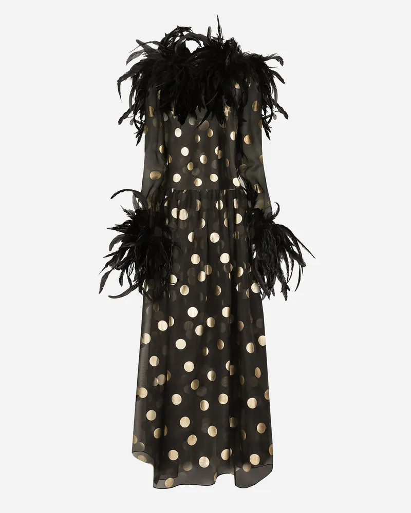 Dolce & Gabbana Langes Kleid Aus Gepunktetem Seidenorganza Mit Details Aus Federn - Frau Kleider Drucken Drucken