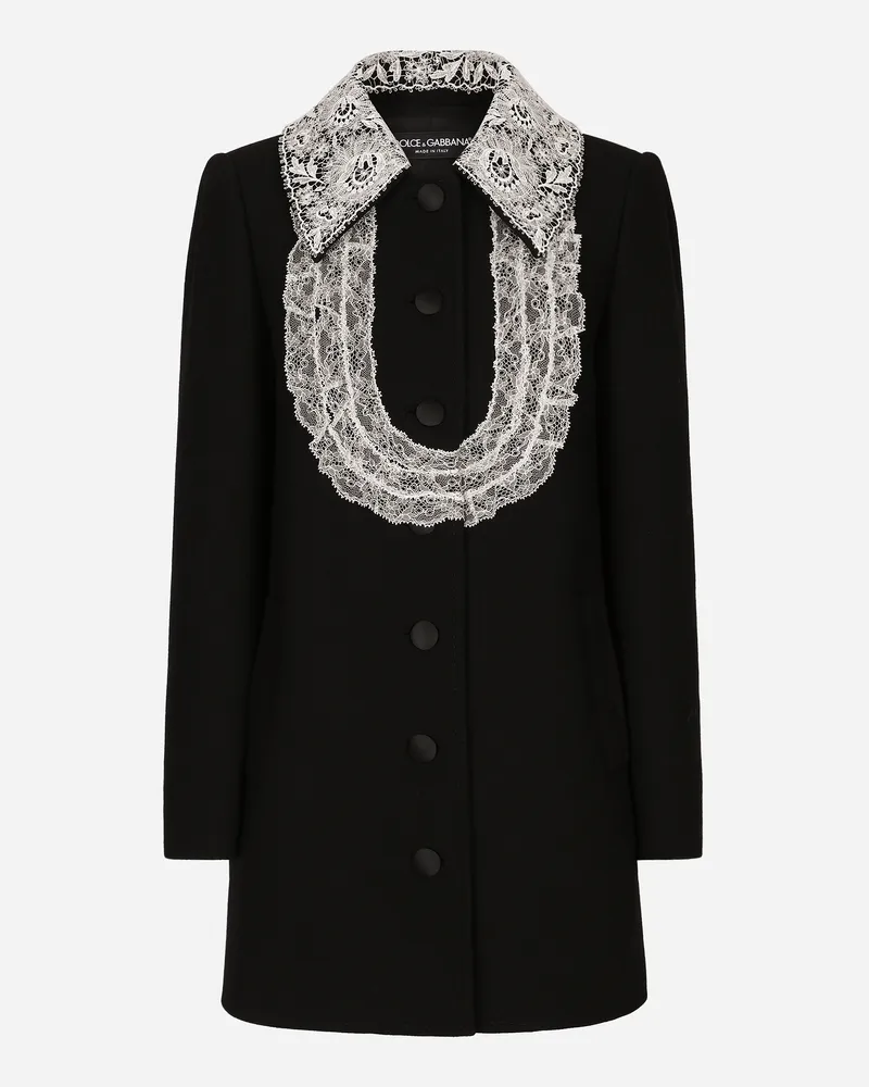 Dolce & Gabbana Kurzer Mantel Aus Wolle Mit Spitzendetails - Frau Mäntel Und Jacken Schwarz Wolle Black