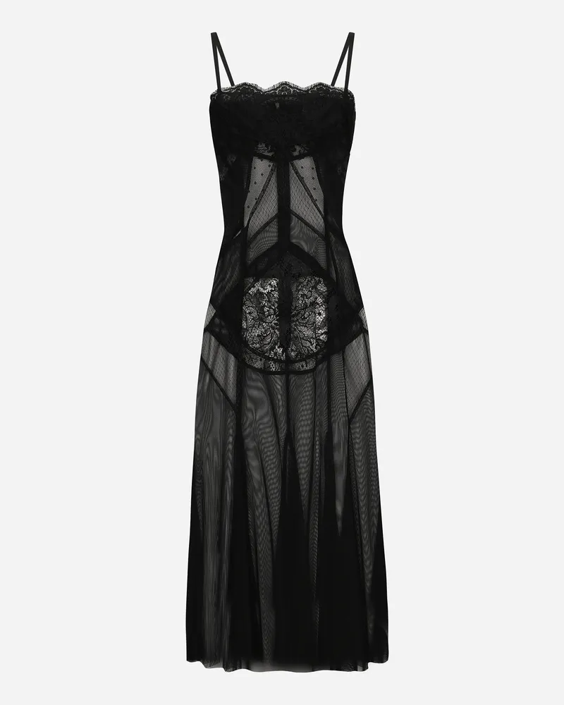 Dolce & Gabbana Longuette-kleid Im Slip-dress-stil Aus Tüll, Netzgewebe Und Spitze - Frau Kleider Schwarz Schwarz