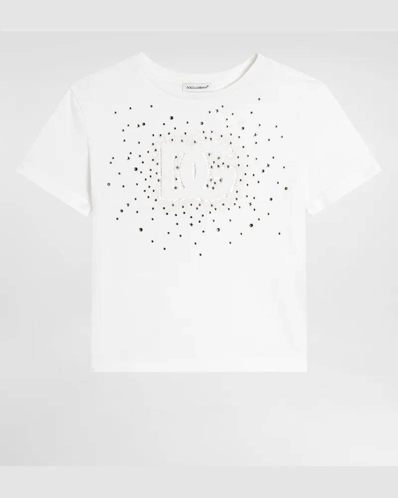 Dolce & Gabbana Jersey T-shirt With Dg Logo And Rhinestones - Frau Collection Wei White