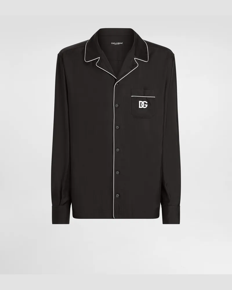 Dolce & Gabbana Silk Shirt With Dg Logo-embroidered Patch - Mann Hemden Schwarz Black