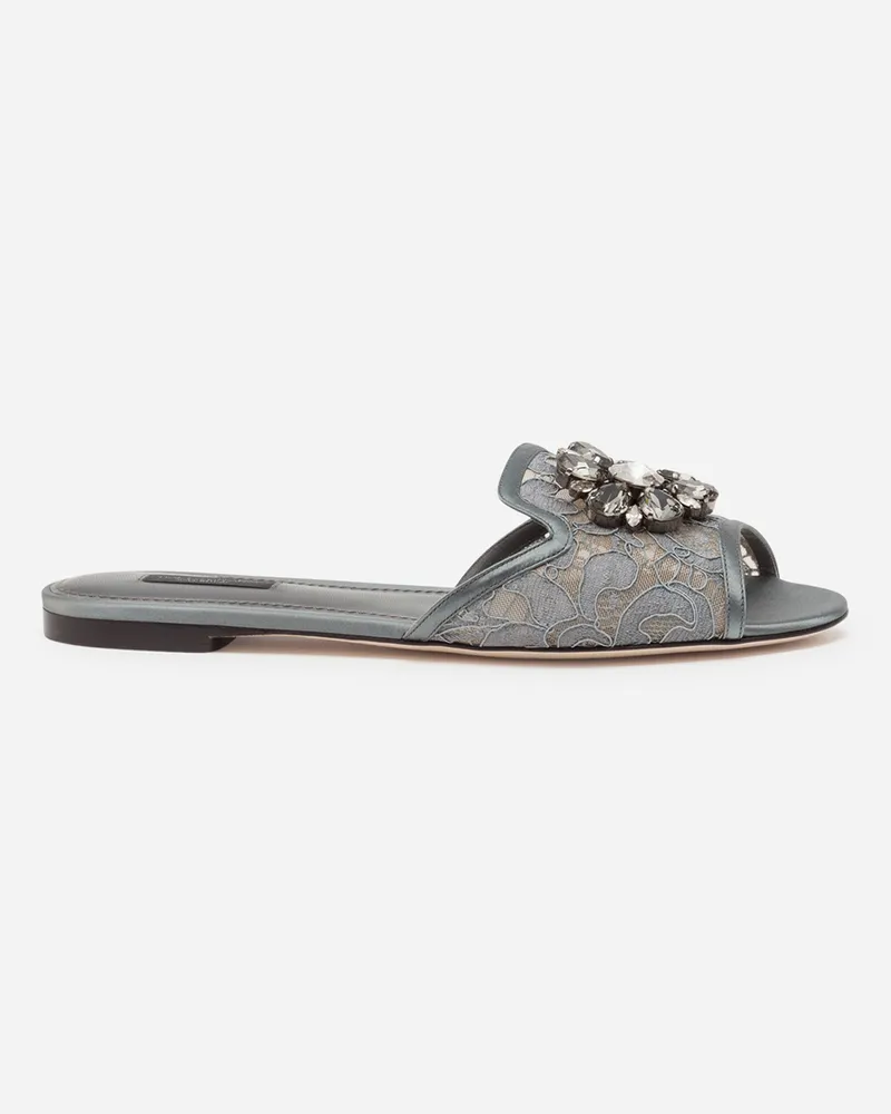 Dolce & Gabbana Slipper Aus Spitze Mit Kristallen - Frau Pantoletten Und Mules Grau Spitze Dunkelgrau