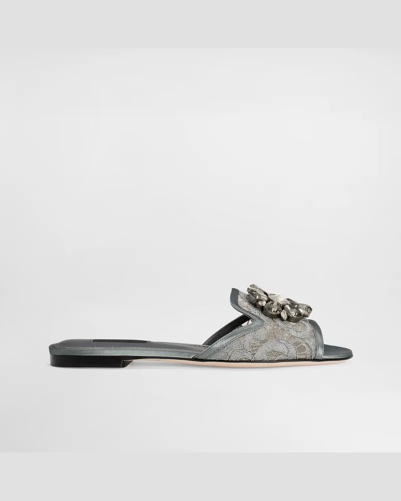 Dolce & Gabbana Slipper Aus Spitze Mit Kristallen - Frau Pantoletten Und Mules Grau Spitze Dunkelgrau