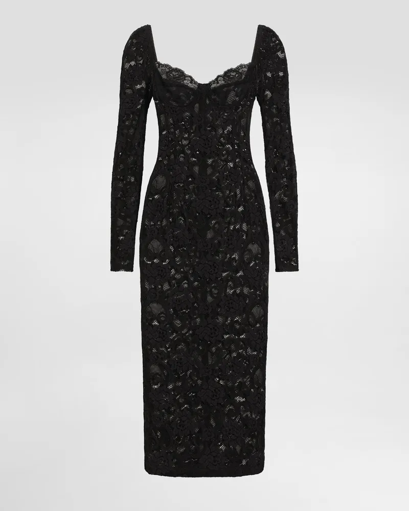 Dolce & Gabbana Longuette-kleid Aus Floraler Spitze Mit Bh-cups - Frau Kleider Schwarz Spitze Schwarz